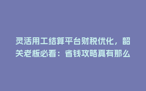 灵活用工结算平台财税优化，韶关老板必看：省钱攻略真有那么神？